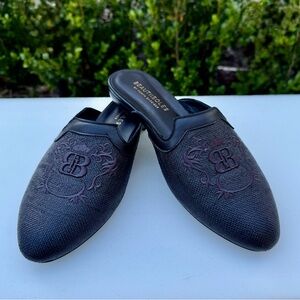 Beautisoles black leather & linen embroidered mules